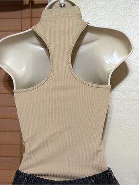 Ribbed High Neck Racerback Tank Top - Beige